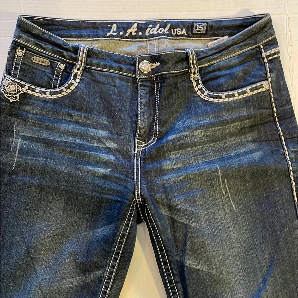 LA IDOL JEANS 15  ROSE Flair LEG JEANS RHINESTONES 5-POCKET ZIPFLY - Picture 12 of 16